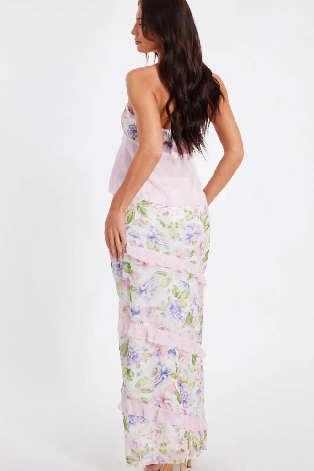 Quiz Summer Clothes|Skirts>Baby Pink Chiffon Ruffle Maxi Skirt