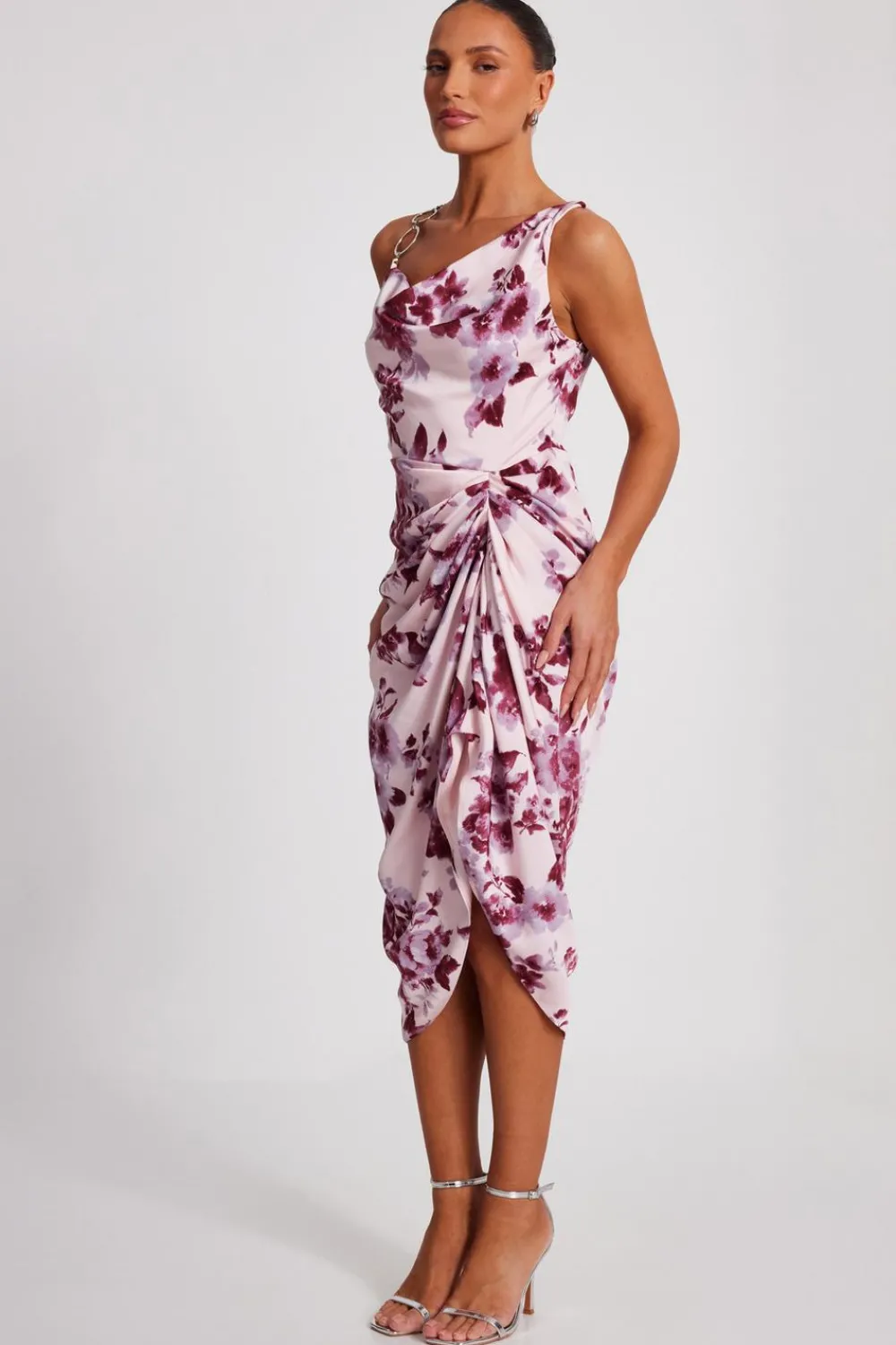 Quiz Day At The Races|Summer Clothes>Baby Pink Satin Floral Midi Dress