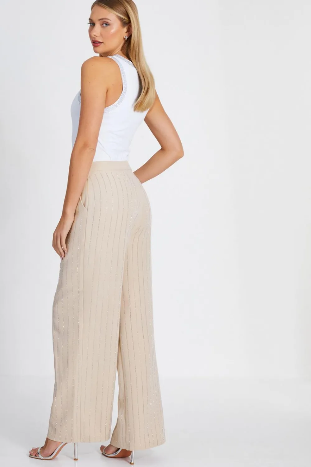 Quiz Trousers|Co-Ords>Beige Pinstripe Embellished Wide Leg Trousers