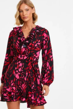 Quiz Wrap Dresses|Ruffle Dresses>Black Animal Print Wrap Skater Dress