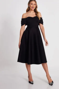 Quiz Evening Dresses|Christening Guest>Black Bardot Midi Skater Dress