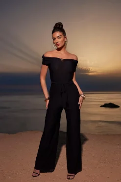 Quiz Occasion Jumpsuits|Going Out Jumpsuits>Black Bardot Palazzo Jumpsuit