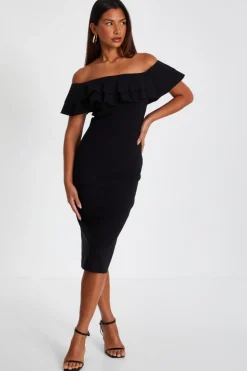 Quiz Evening Dresses|Christening Guest>Black Bardot Ruffle Midi Bodycon Dress