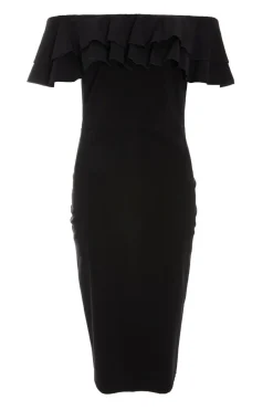 Quiz Evening Dresses|Christening Guest>Black Bardot Ruffle Midi Bodycon Dress