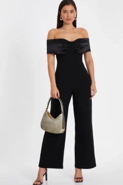 Quiz Occasion Jumpsuits|Going Out Jumpsuits>Black Bardot Satin Detail Jumpsuit