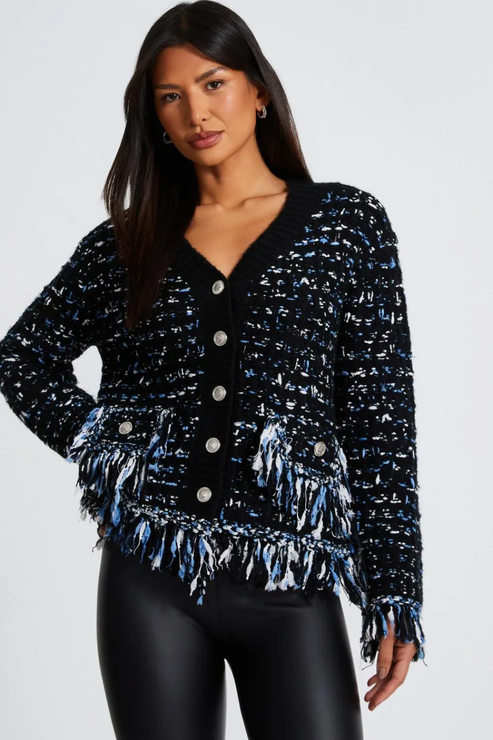 Quiz Workwear|Tops>Black Boucle Knit Fringe Cardigan