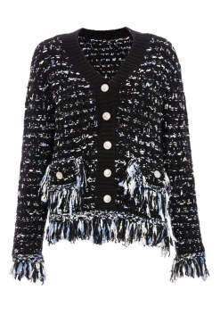 Quiz Workwear|Tops>Black Boucle Knit Fringe Cardigan