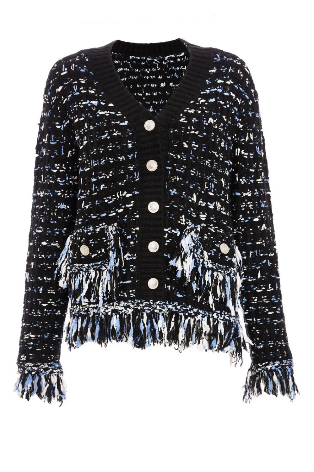Quiz Workwear|Tops>Black Boucle Knit Fringe Cardigan