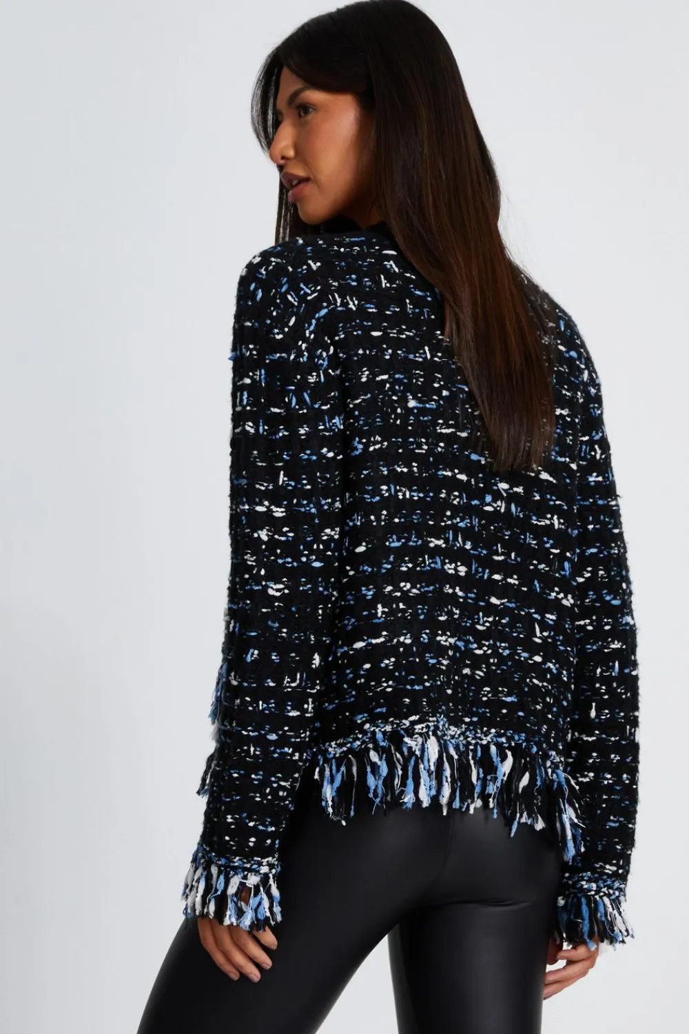 Quiz Workwear|Tops>Black Boucle Knit Fringe Cardigan