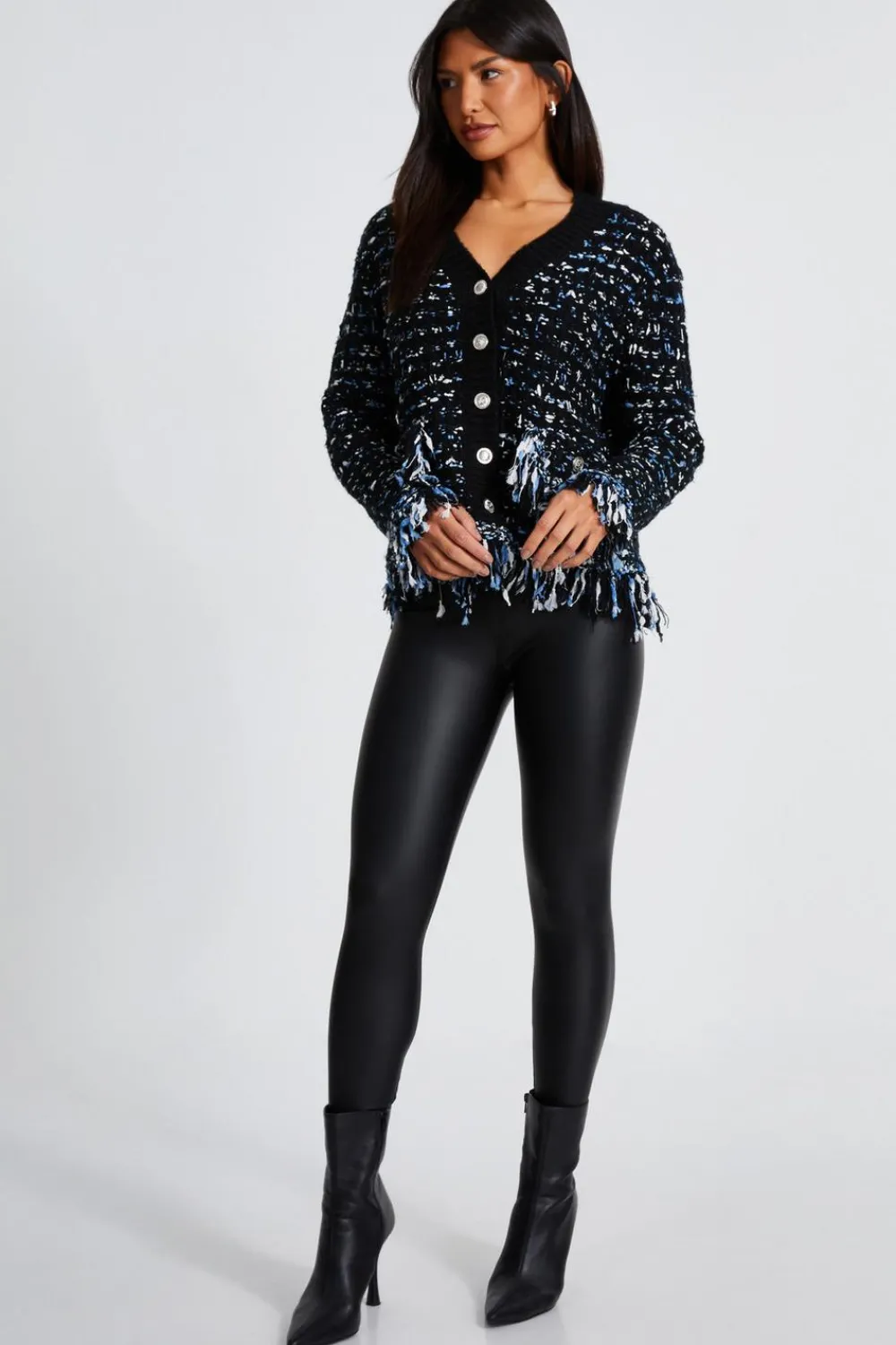 Quiz Workwear|Tops>Black Boucle Knit Fringe Cardigan