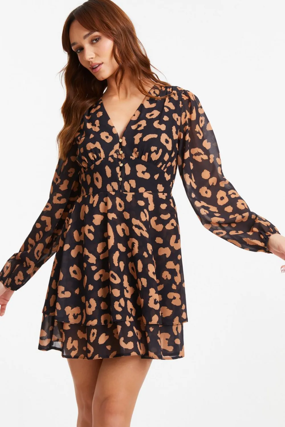Quiz Day Dresses|Black Dresses>Black Chiffon Animal Print Skater Dress