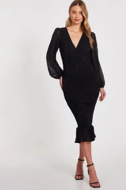 Quiz Evening Dresses|Going Out>Black Chiffon Diamante Midi Dress