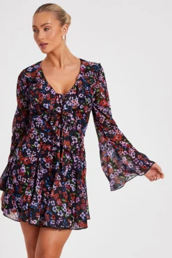 Quiz Summer Clothes|Going Out>Black Chiffon Floral Skater Dress