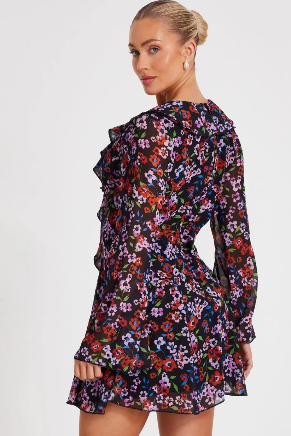 Quiz Summer Clothes|Going Out>Black Chiffon Floral Skater Dress