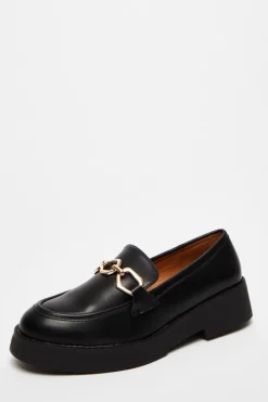 Quiz Flats>Black Chunky Patent Loafers