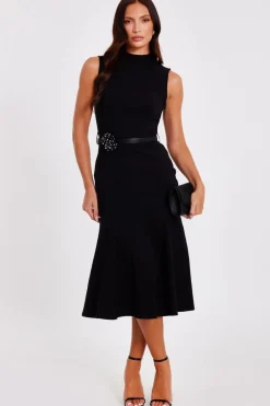 Quiz Workwear|Going Out>Black Corsage Belt Midi Dress