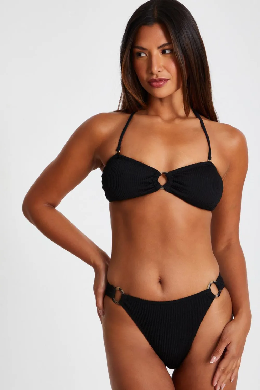 Quiz Holiday Accessories|Summer Clothes>Black Crinkle Ring Bikini Top