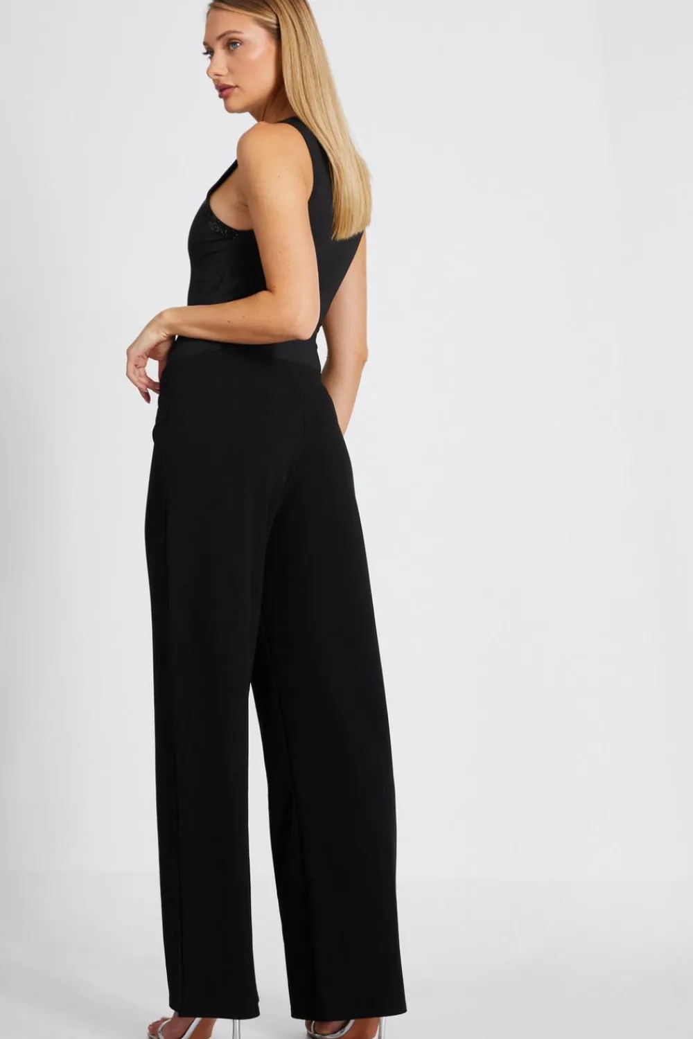 Quiz Christening Guest|Trousers>Black Diamante Button Palazzo Trousers