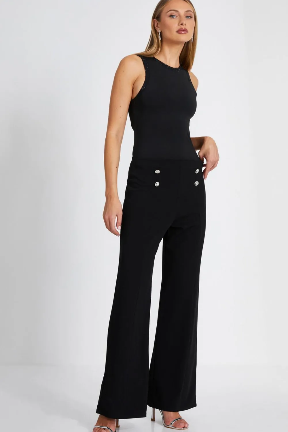 Quiz Christening Guest|Trousers>Black Diamante Button Palazzo Trousers