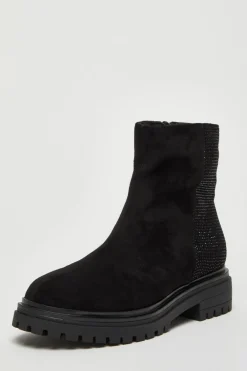 Quiz Flats|Boots>Black Diamante Faux Suede Ankle Boots