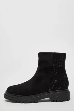 Quiz Flats|Boots>Black Diamante Faux Suede Ankle Boots