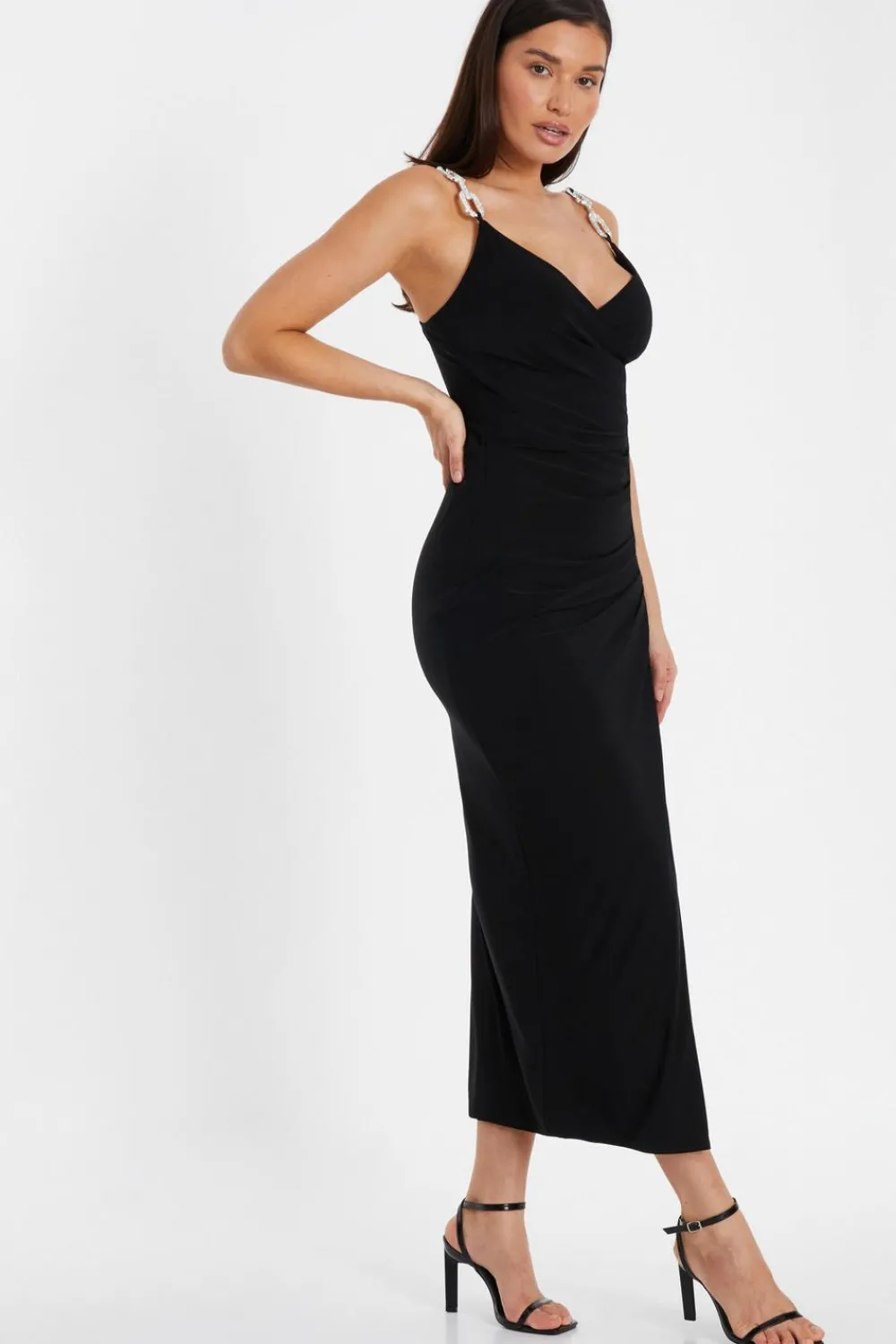 Quiz Evening Dresses|Wrap Dresses>Diamante Ruched Midi Dress