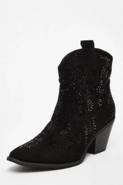 Quiz Boots>Black Diamante Western Ankle Boots