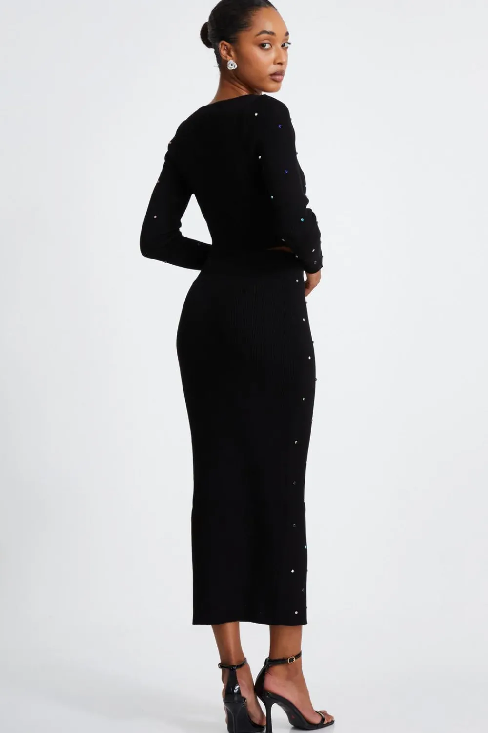Quiz Knitwear|Jumpers>Black Embellished Knit Cropped Jumper