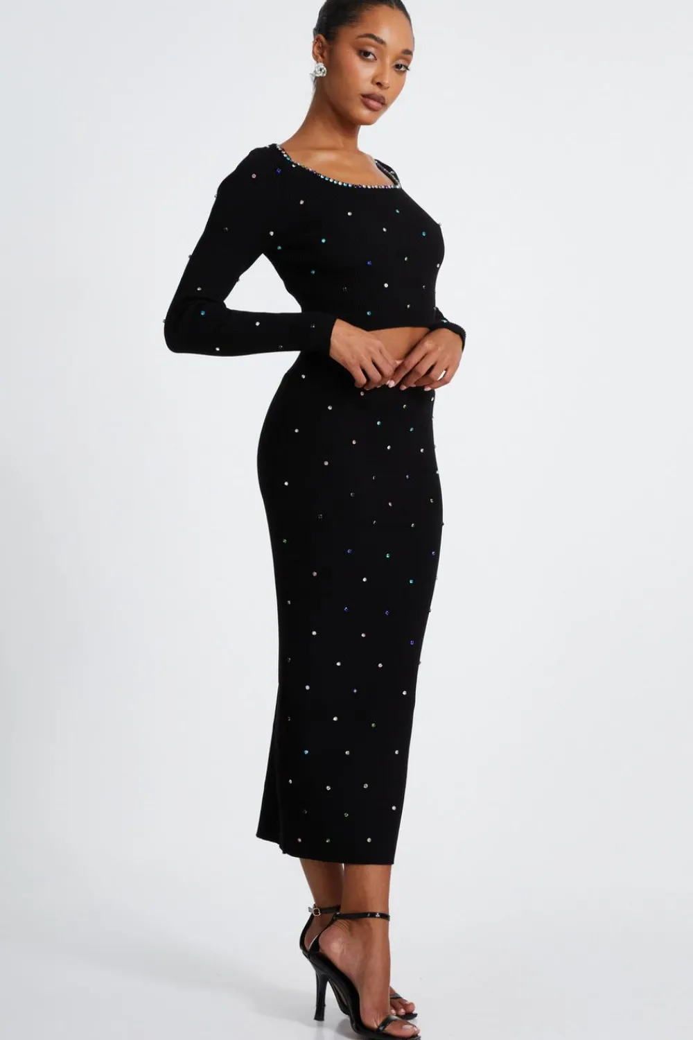 Quiz Knitwear|Jumpers>Black Embellished Knit Cropped Jumper