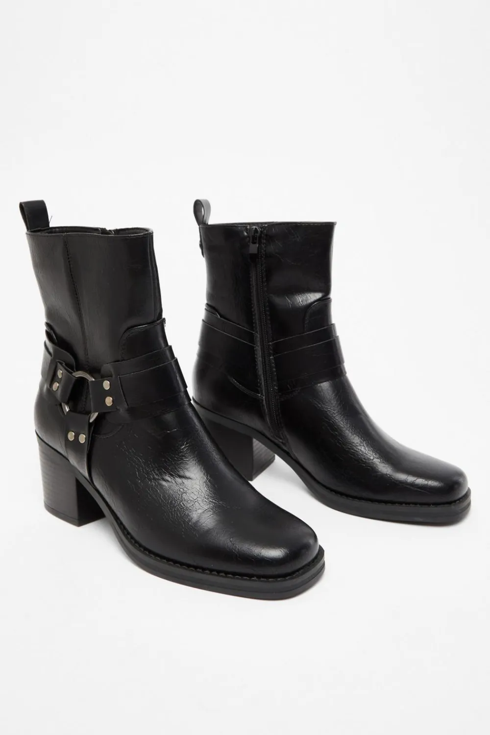 Quiz Boots>Black Faux Leather Buckle Ankle Boots