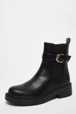 Quiz Flats|Boots>Black Faux Leather Chunky Buckle Boots