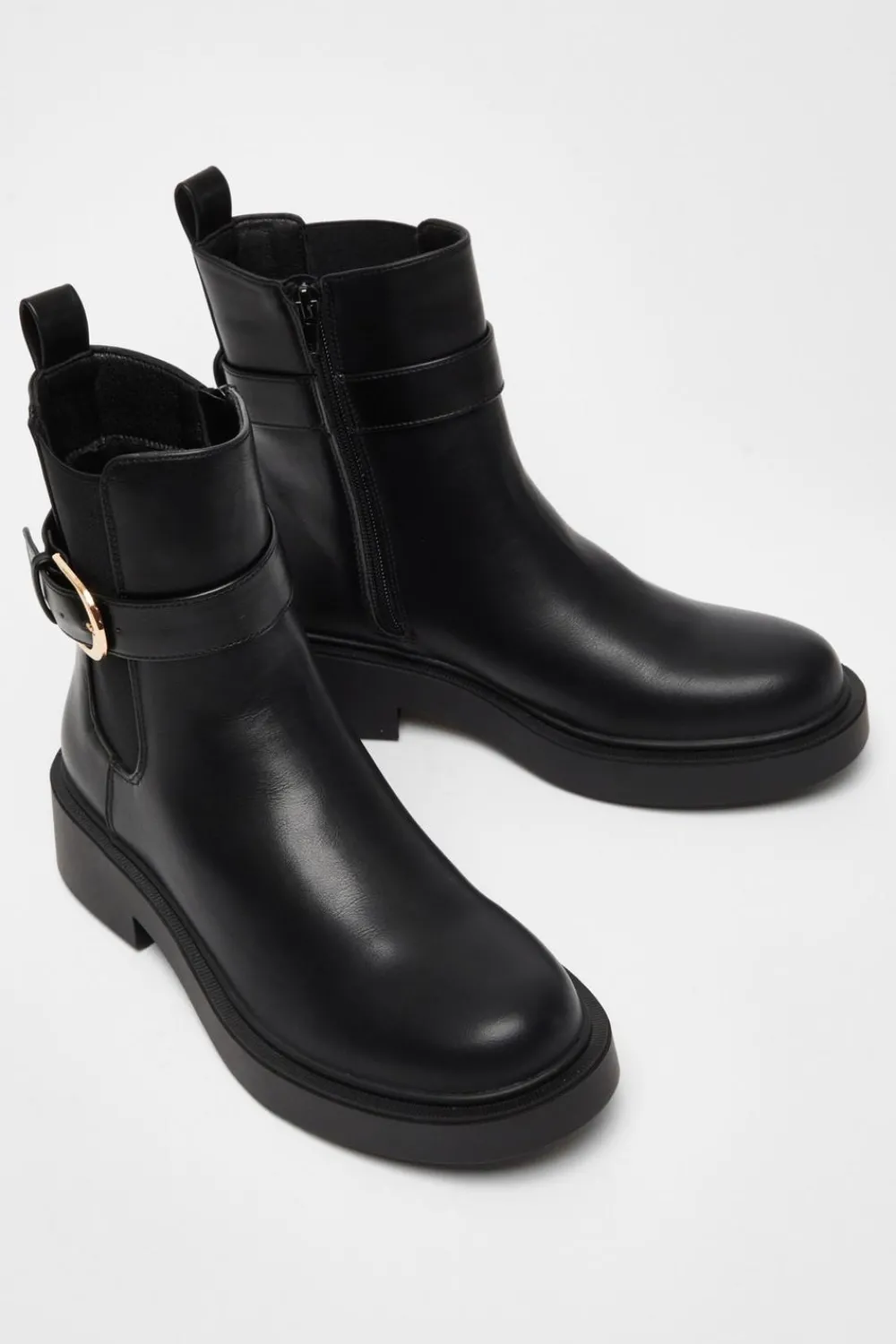 Quiz Flats|Boots>Black Faux Leather Chunky Buckle Boots