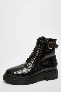 Quiz Boots>Black Faux Leather Croc Boots