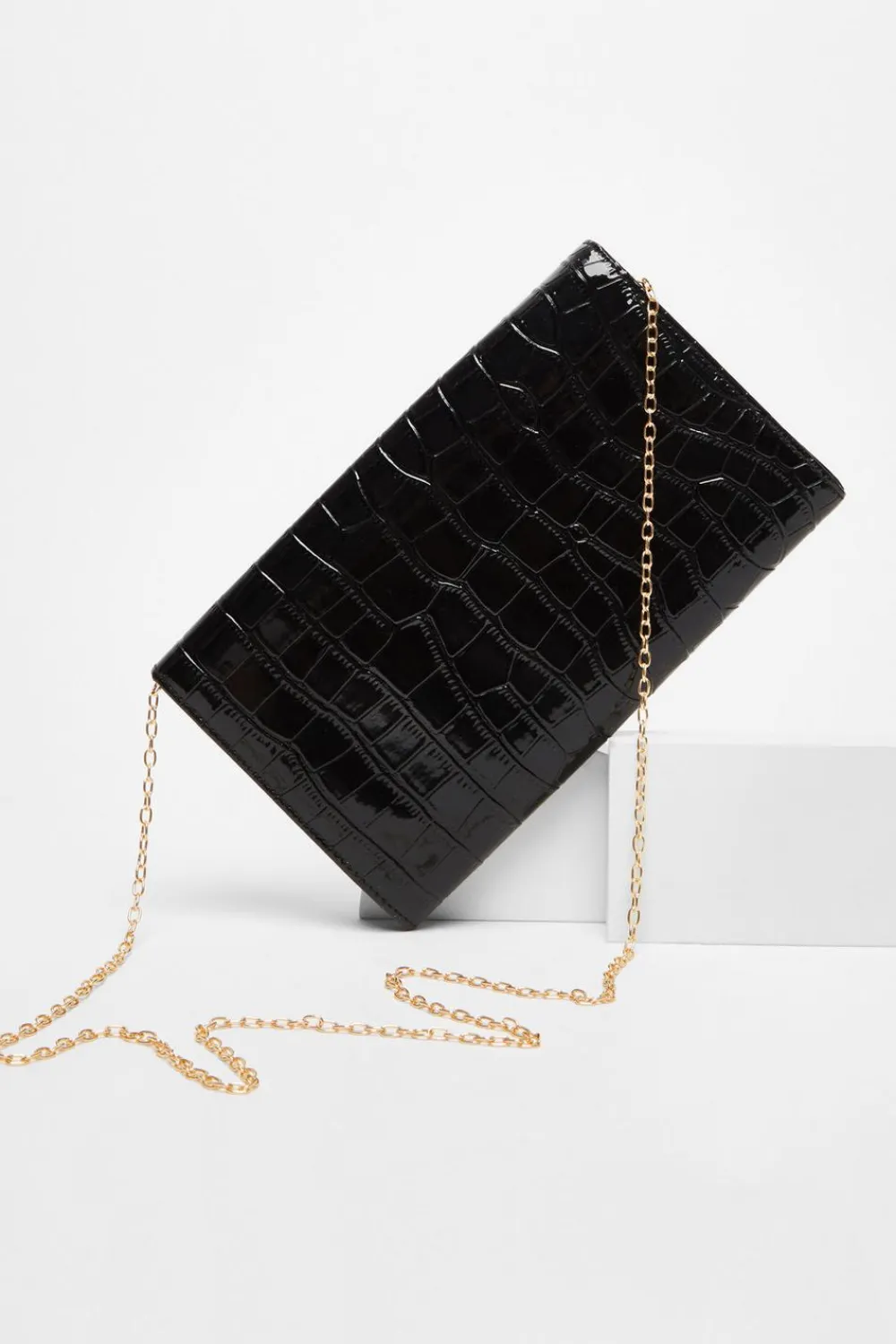 Quiz Bags>Black Faux Leather Croc Print Bag