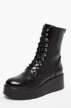 Quiz Wedges|Boots>Black Faux Leather Lace Up Wedged Ankle Boots