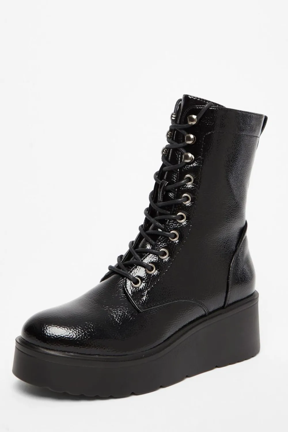 Quiz Wedges|Boots>Black Faux Leather Lace Up Wedged Ankle Boots