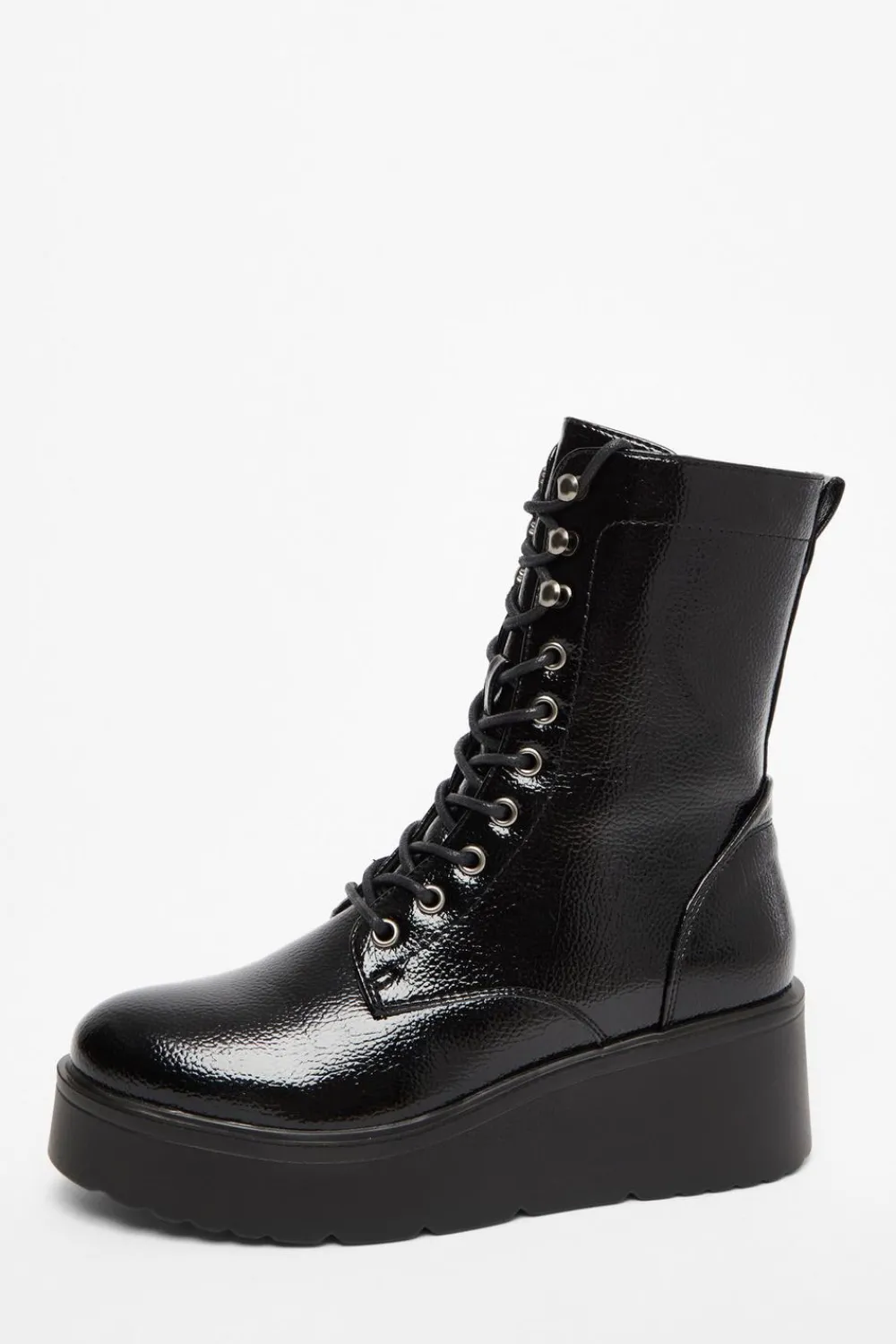 Quiz Wedges|Boots>Black Faux Leather Lace Up Wedged Ankle Boots