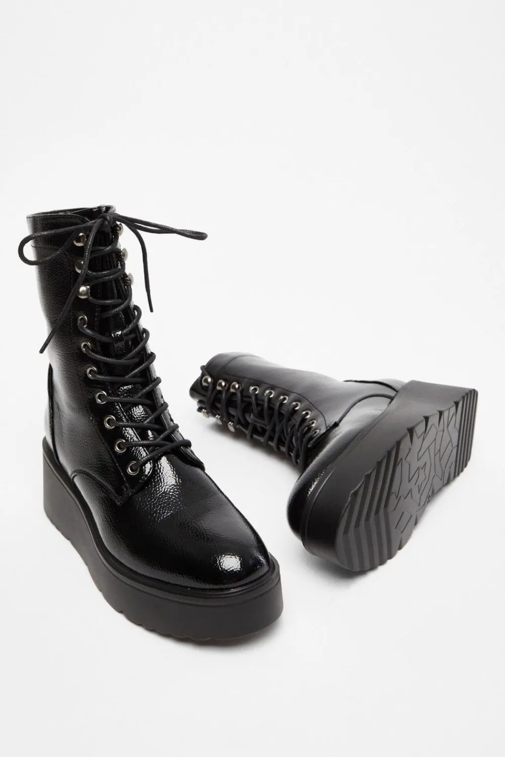 Quiz Wedges|Boots>Black Faux Leather Lace Up Wedged Ankle Boots
