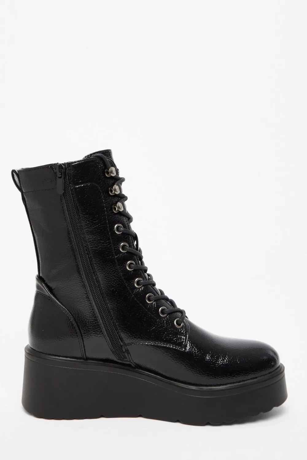 Quiz Wedges|Boots>Black Faux Leather Lace Up Wedged Ankle Boots