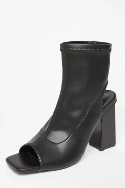 Quiz Boots>Black Faux Leather Peep Toe Boots