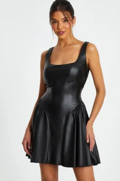 Quiz Mini Dresses|Going Out Dresses>Black Faux Leather Skater Dress