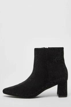 Quiz Boots>Black Faux Suede Diamante Ankle Boot