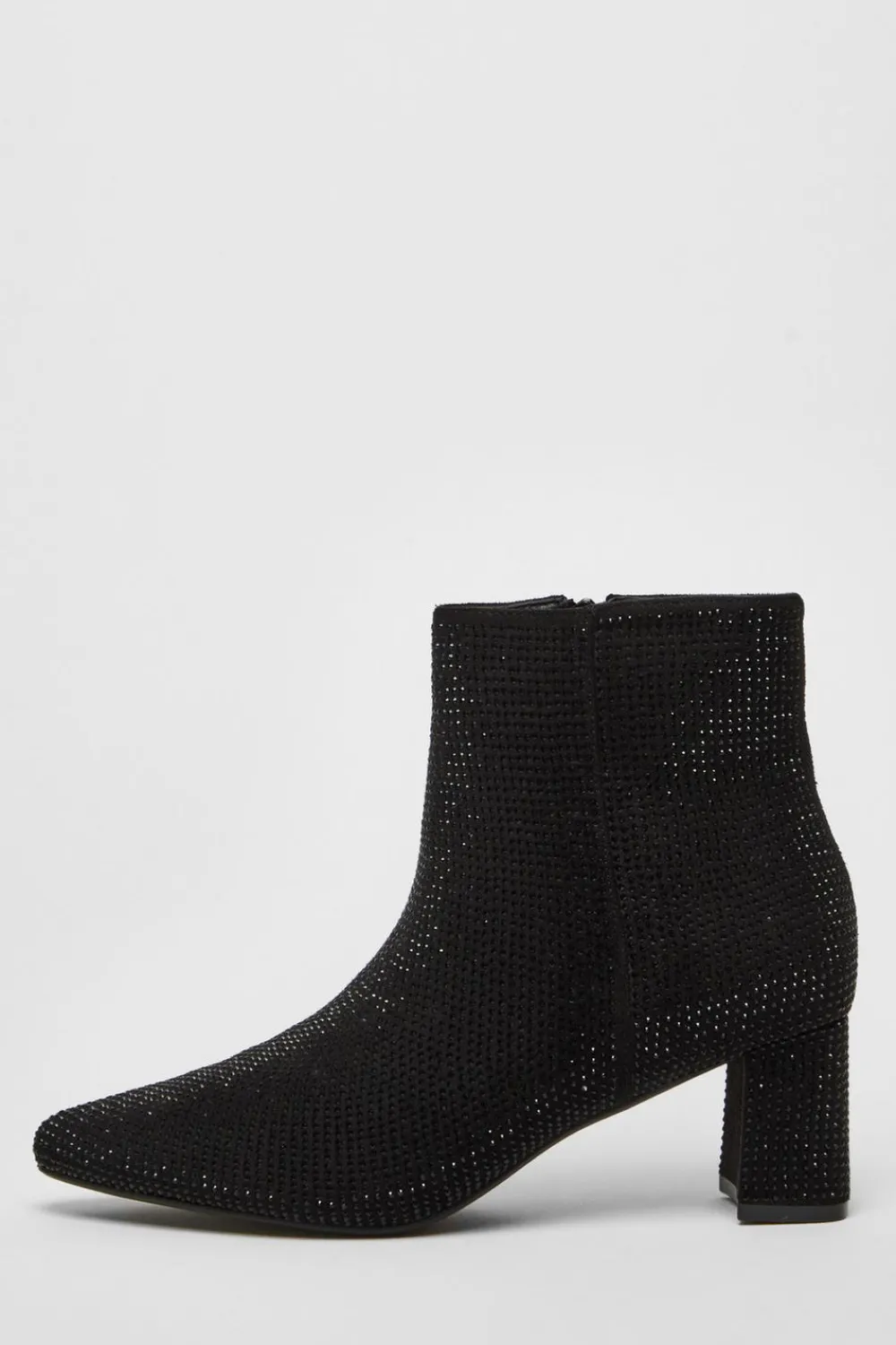 Quiz Boots>Black Faux Suede Diamante Ankle Boot