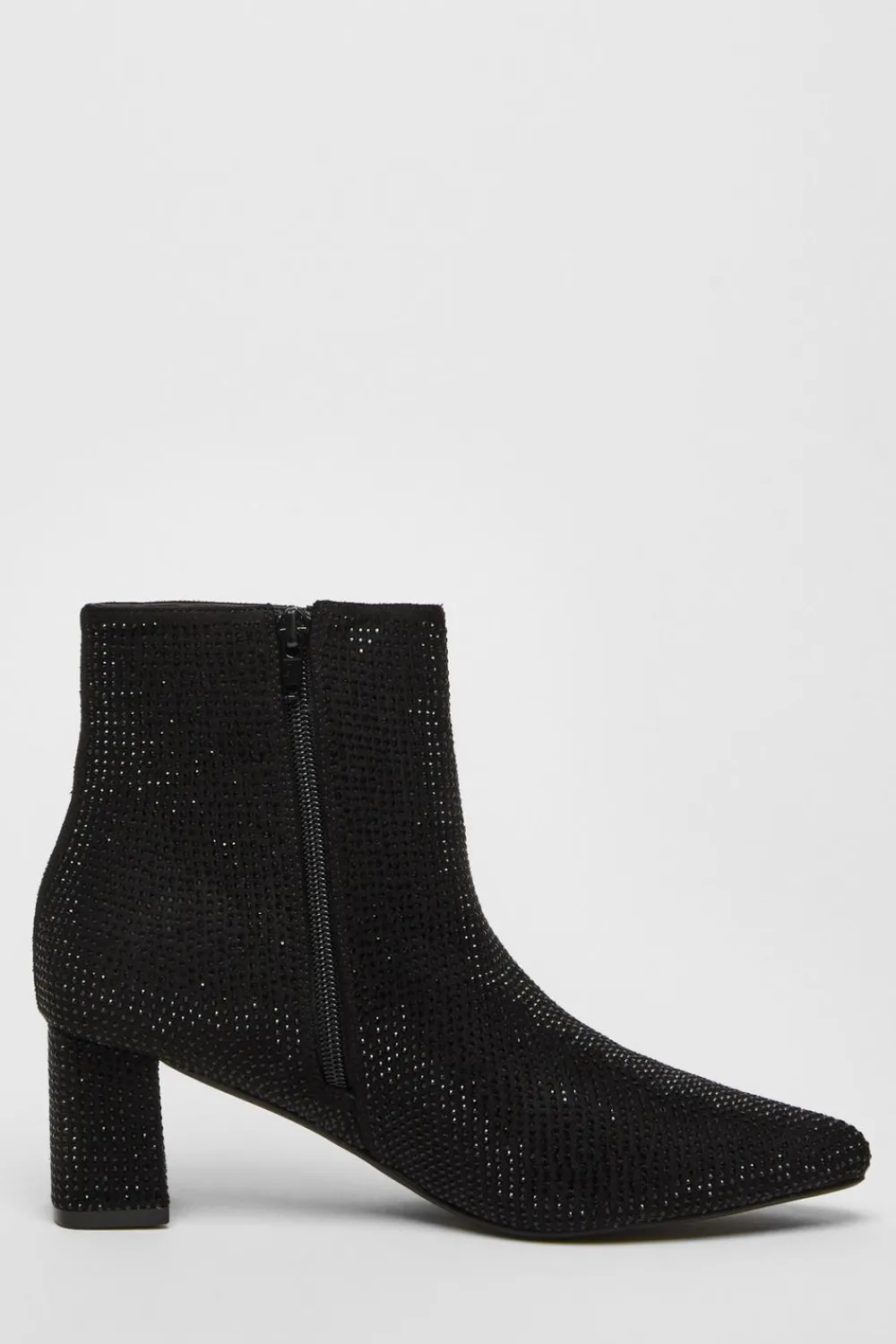 Quiz Boots>Black Faux Suede Diamante Ankle Boot