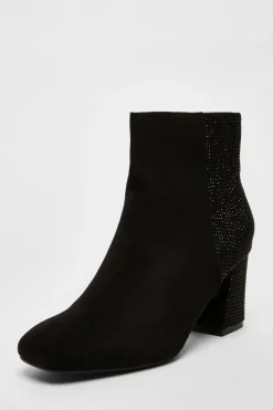Quiz Boots>Black Faux Suede Diamante Heeled Boots