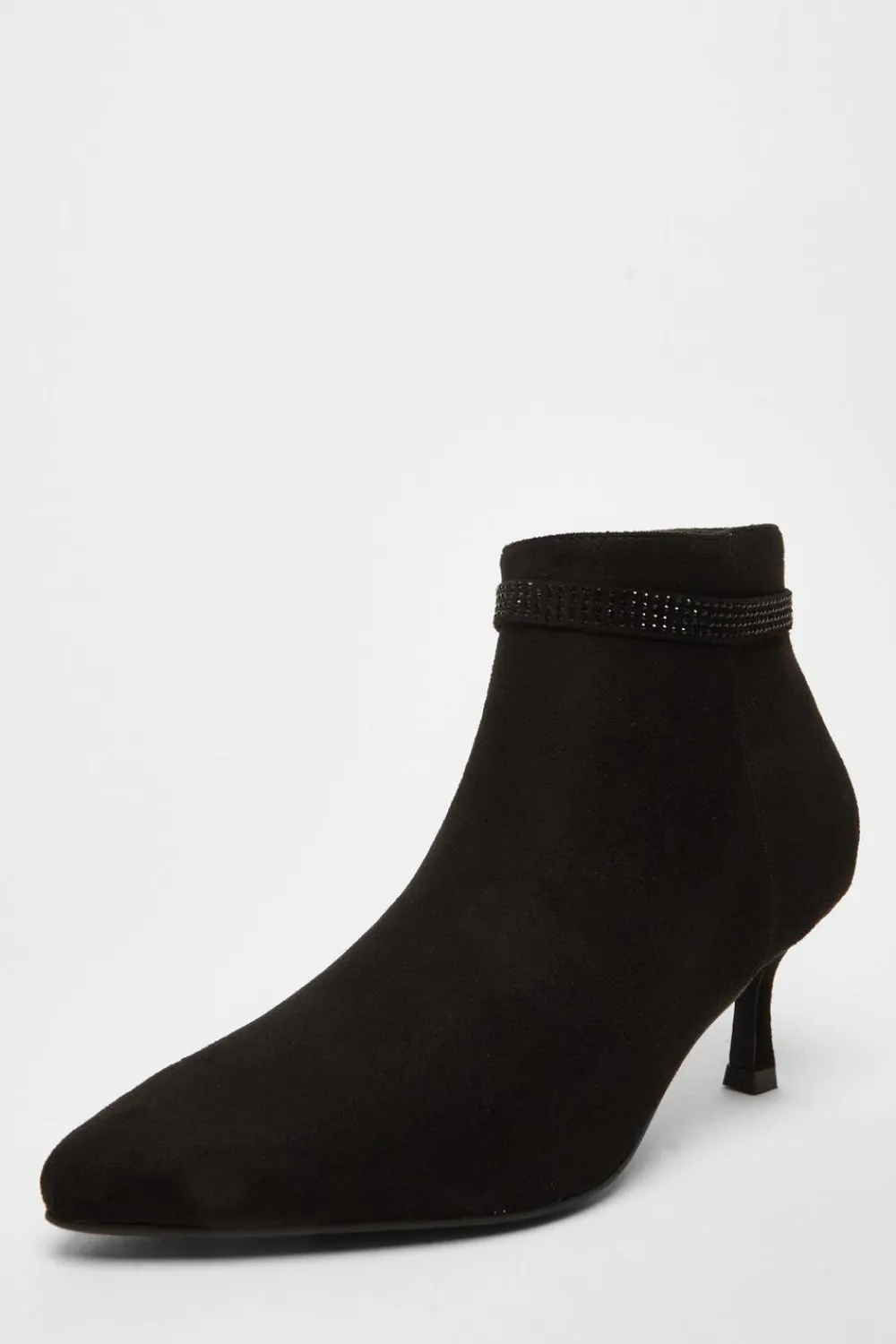 Quiz Boots>Black Faux Suede Diamante Bow Ankle Boot