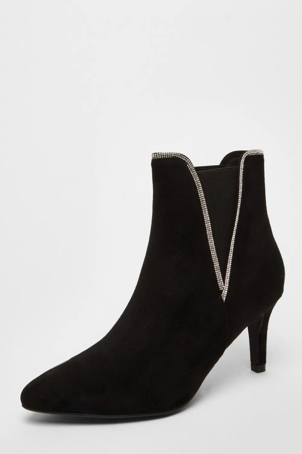 Quiz Boots>Black Faux Suede Diamante Ankle Boots