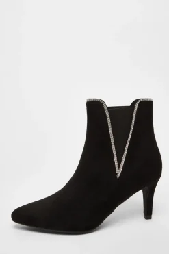 Quiz Boots>Black Faux Suede Diamante Ankle Boots