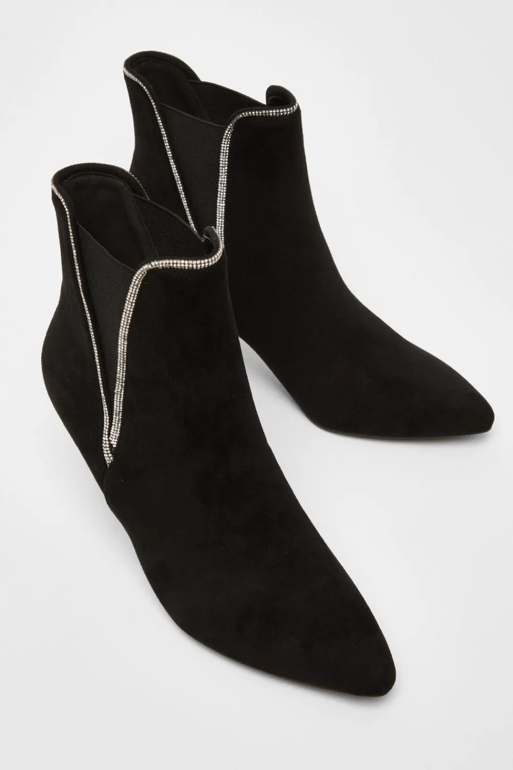 Quiz Boots>Black Faux Suede Diamante Ankle Boots