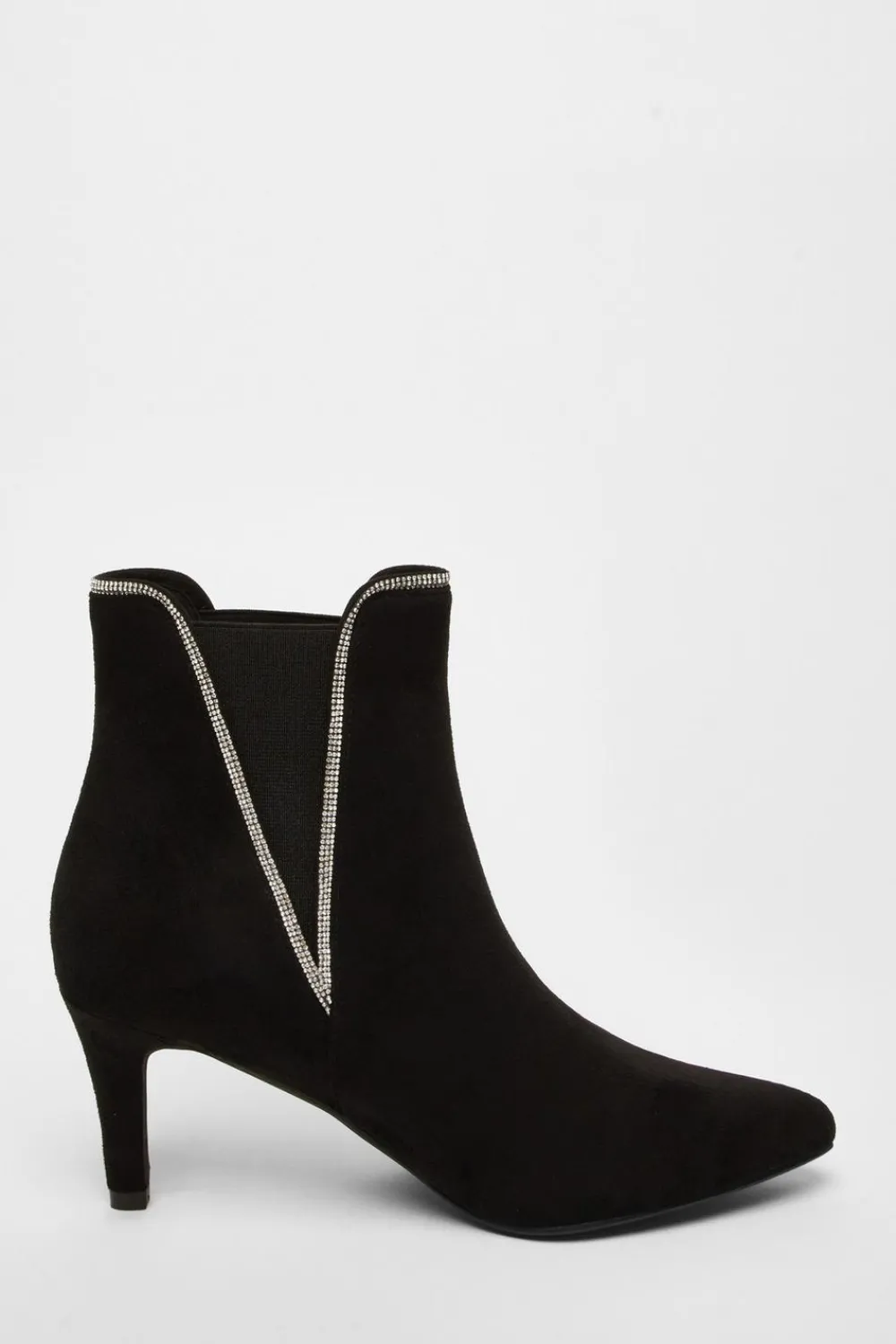 Quiz Boots>Black Faux Suede Diamante Ankle Boots